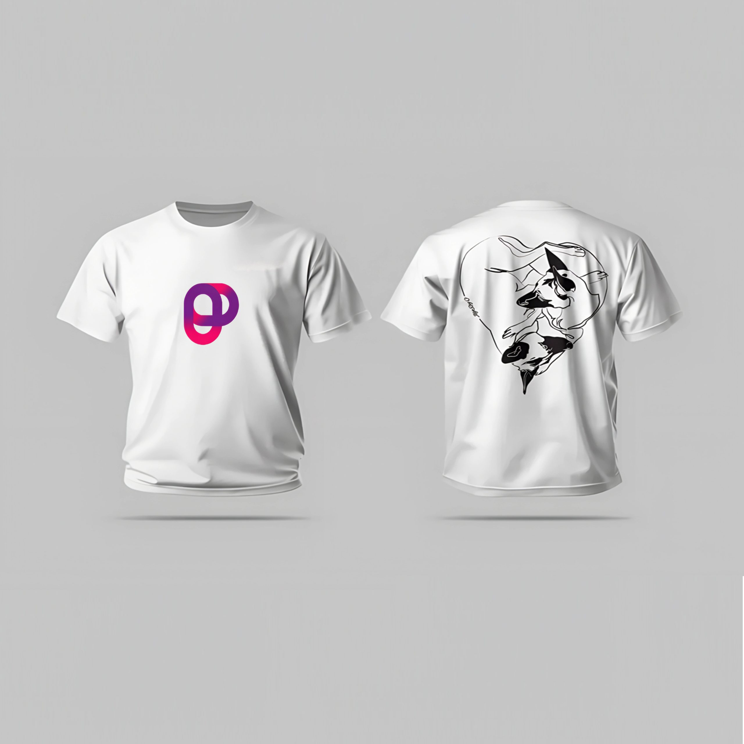 A digital mockup of a white T-shirt displayed from both front and back views. The front design features a modern, minimalist logo in a gradient of purple and pink. The back design showcases an artistic black-and-white line drawing of a stylized bull's head enclosed in an abstract geometric shape, giving it a contemporary and trendy look. The T-shirt design follows modern principles of simplicity, contrast, and bold visual elements.