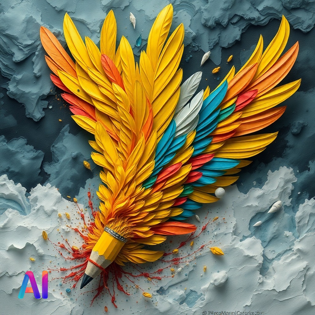 A hyper-realistic digital illustration of a yellow pencil with vibrant, layered feathers in shades of orange, blue, and yellow, resembling wings. The pencil appears to be striking a stormy, textured background, creating an explosion of ink splashes. The scene conveys a sense of dynamic creativity and artistic energy, with a sculpted, papier-mâché style. The "AI" logo is visible in the corner, hinting at AI-generated art.
