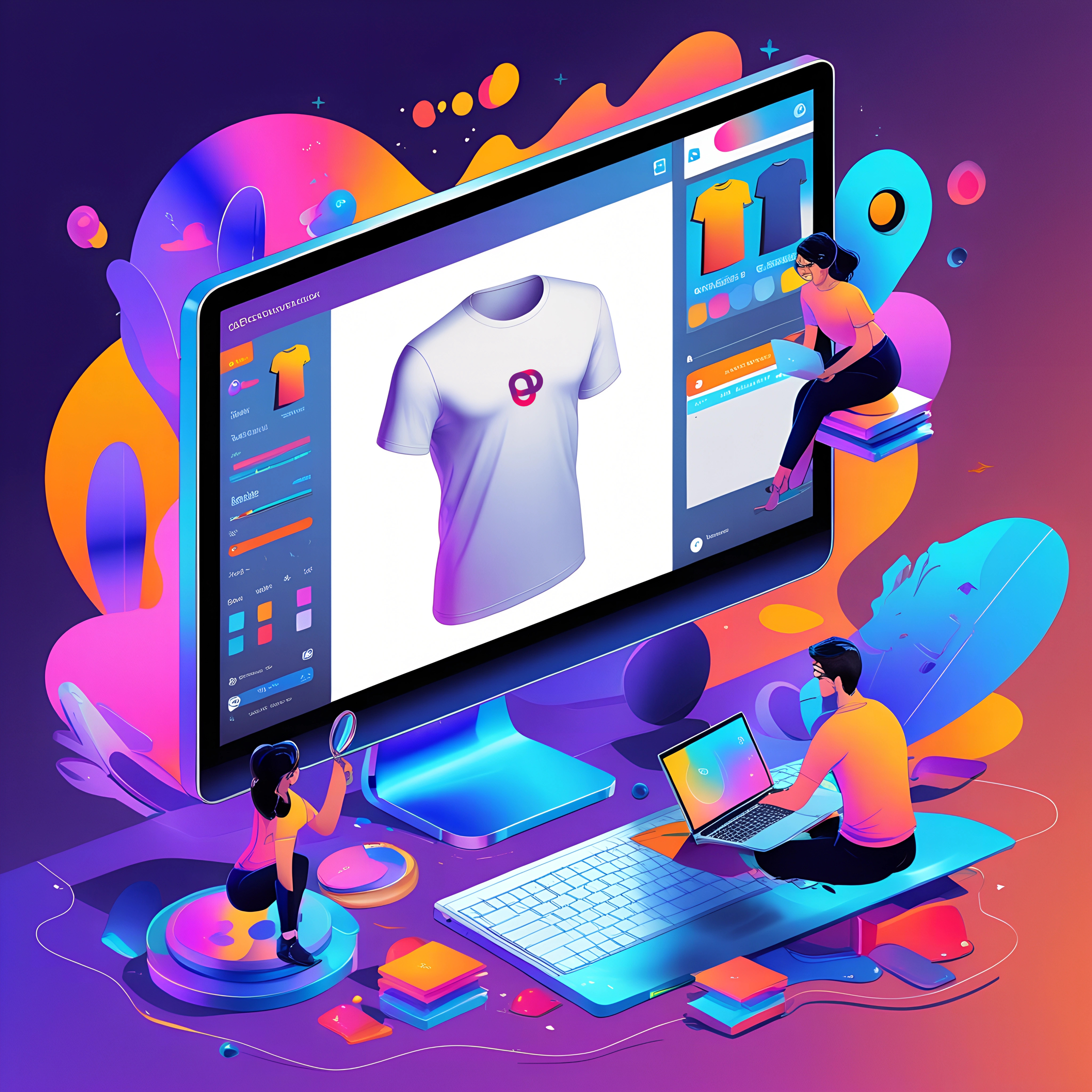 A vibrant digital illustration of a futuristic workspace showcasing a print-on-demand T-shirt design process. A large computer screen displays a 3D T-shirt mockup with customization options, surrounded by floating UI elements. Small, stylized characters interact with the design, with one person sitting on books using a laptop and another examining the details with a magnifying glass. The scene is filled with neon colors, abstract shapes, and glowing accents, symbolizing creativity, digital entrepreneurship, and the print-on-demand business model.