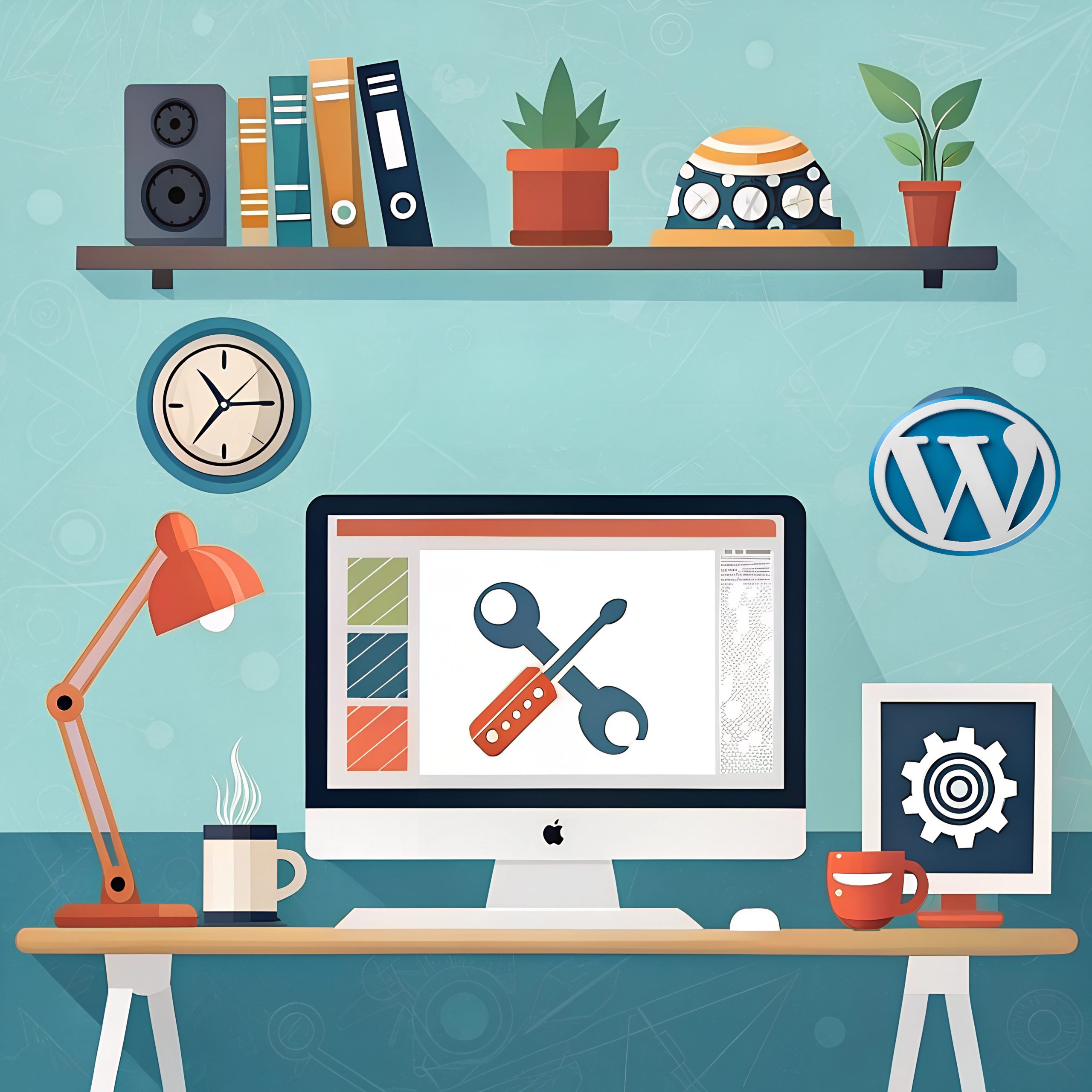 A modern and creative workspace featuring a computer displaying a wrench and screwdriver icon, symbolizing WordPress theme customization. The scene includes a wooden desk with a red desk lamp, a steaming coffee cup, and a small monitor displaying a gear icon. A floating shelf above holds books, plants, and decorative items. A clock hangs on the wall, and a prominent WordPress logo is visible, reinforcing the theme of website development.