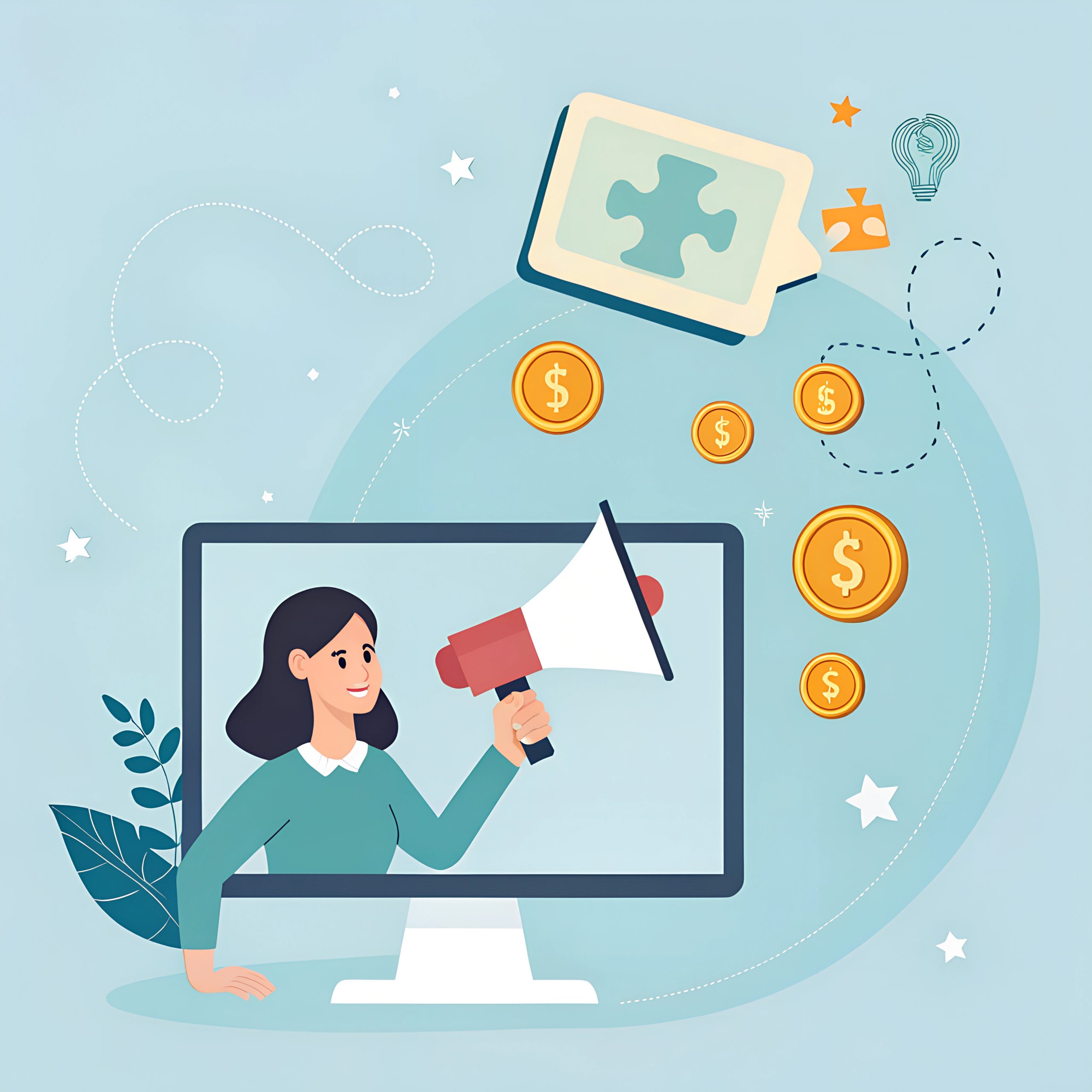 "A modern, flat-style digital illustration representing affiliate marketing. It features a smiling woman emerging from a computer screen, holding a megaphone. Floating gold coins with dollar signs symbolize earnings, while a speech bubble with a puzzle piece represents strategy and collaboration. The background includes abstract stars and lines, adding a dynamic and engaging feel."
