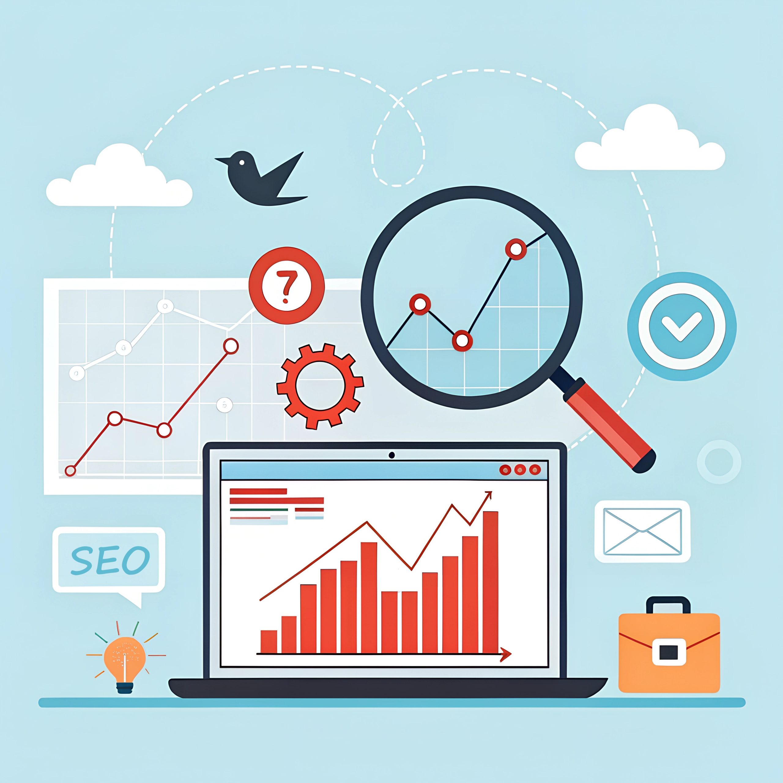 A modern, flat-style digital illustration representing SEO and digital marketing. The image features a laptop displaying a rising bar chart, a magnifying glass analyzing a line graph, and various icons such as a gear, email, checkmark, and a light bulb, symbolizing insights and growth in search engine optimization."