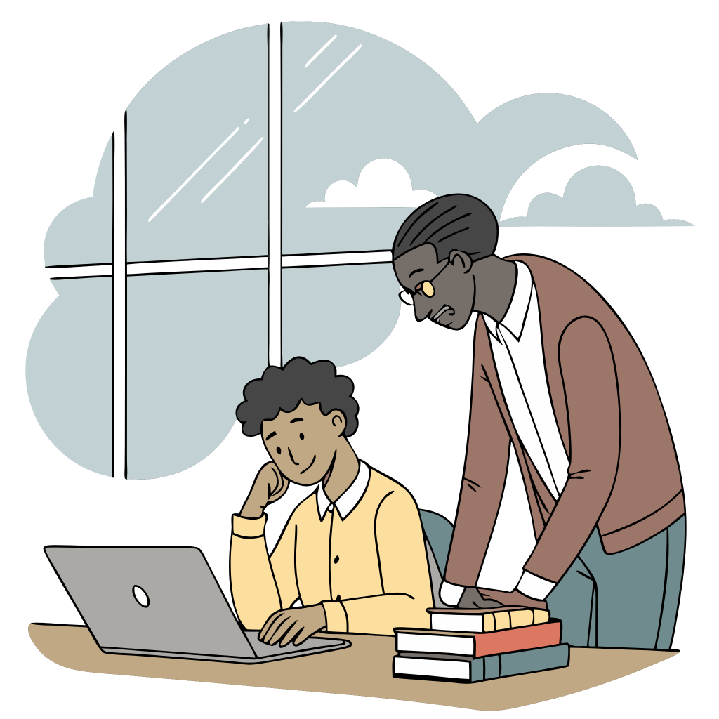 "Illustration of a mentor providing career guidance to a student, discussing opportunities while working on a laptop, with books on the table symbolizing learning and professional growth."