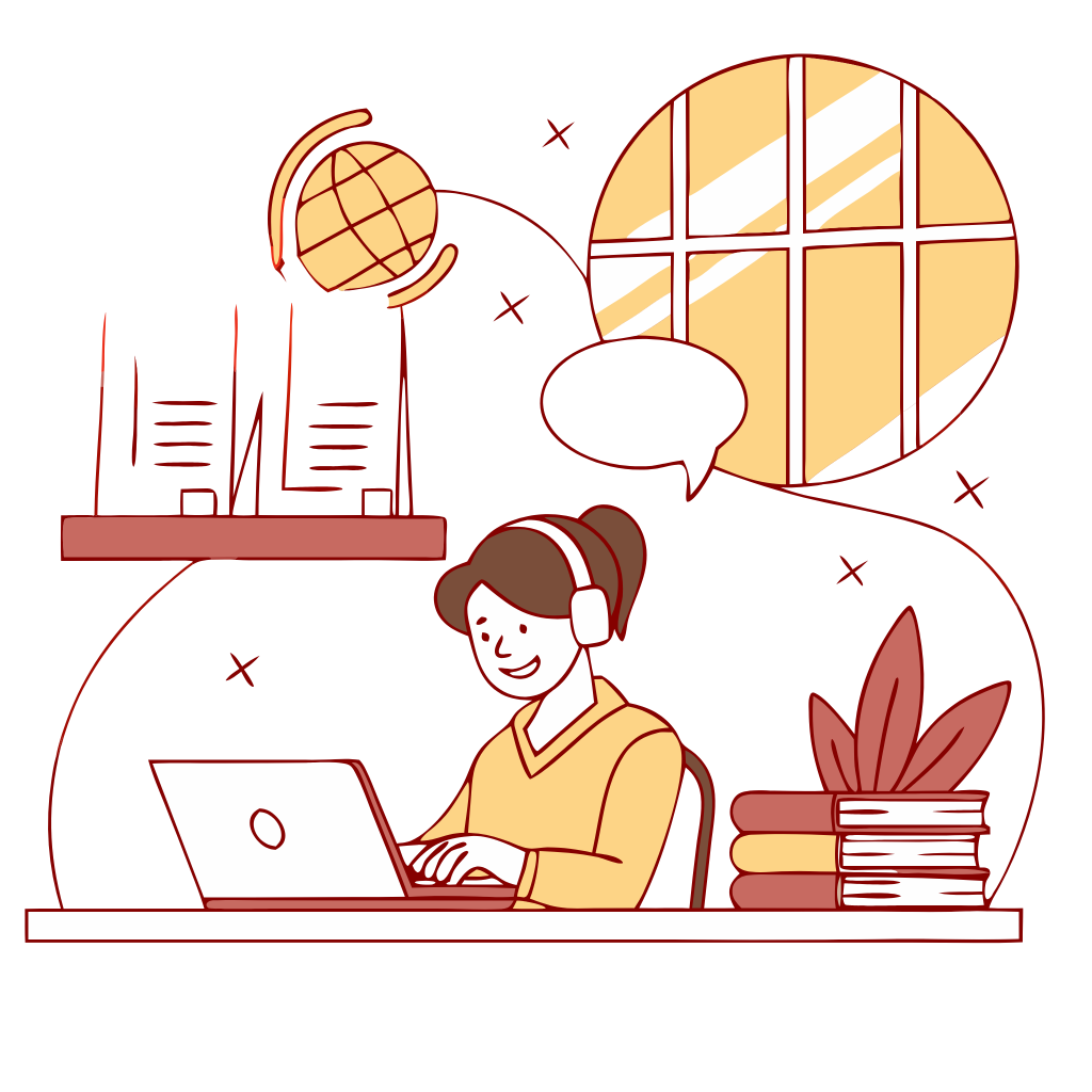 "Illustration of a smiling student engaged in flexible online learning, wearing headphones and working on a laptop, with books, certificates, and a digital globe symbolizing global connectivity and remote education."
