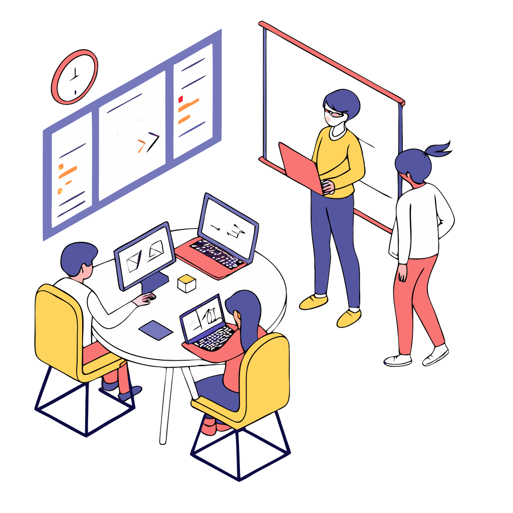 "Illustration of a hands-on IT training session with a group of students collaborating around a table with laptops, analyzing data and coding, while an instructor presents on a digital board."