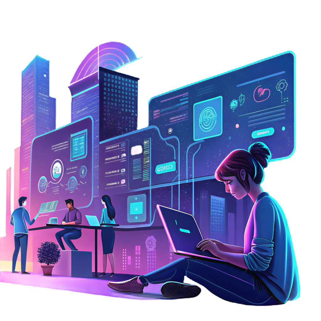 "Futuristic digital learning environment with diverse professionals working on laptops and holographic screens displaying data, coding, and analytics. A woman in the foreground is focused on her laptop, symbolizing immersive online education and technology-driven collaboration."