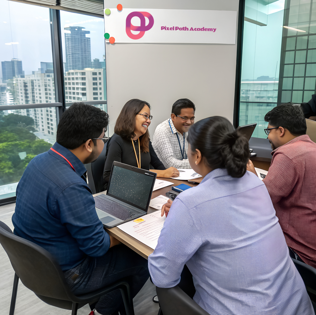A group of professionals collaborating in a modern office space with a cityscape view. They are engaged in discussion around a table with laptops, documents, and notepads. A sign in the background displays the "Pixel Path Academy" logo, indicating a learning or training session. The participants appear engaged and enthusiastic, reflecting a productive and positive team environment.